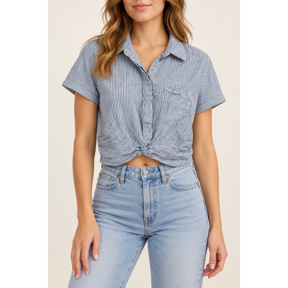 Free People Blue Stripe Linen Blend Faux Wrap Crop Top Women S Coastal Button